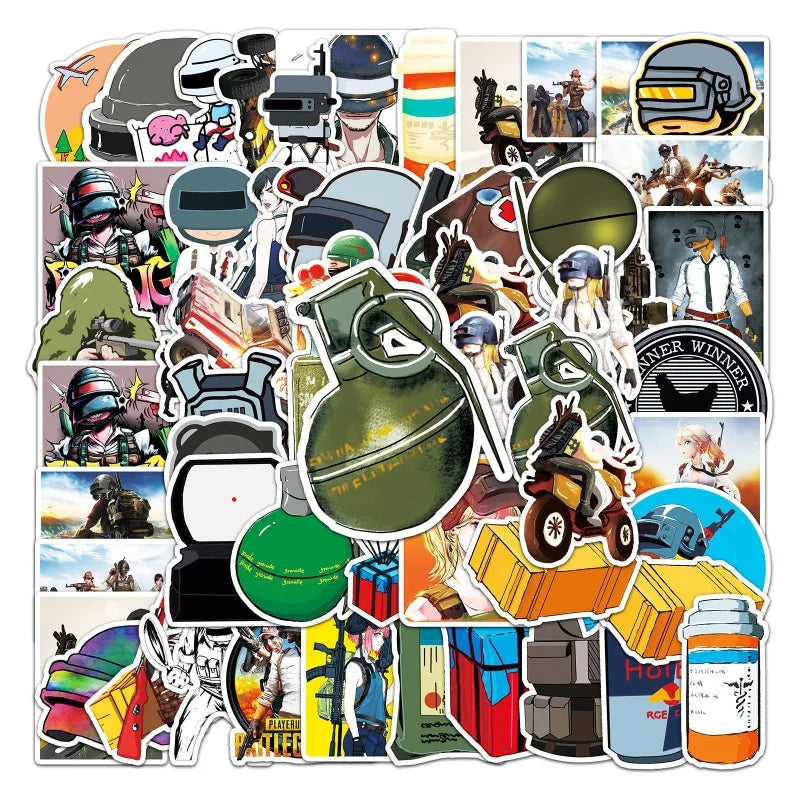 50pcs PUBG Stickers for Laptop, Phone, Car, Scooter, Suitcase, Water Bottle, Stationery, Refrigerator