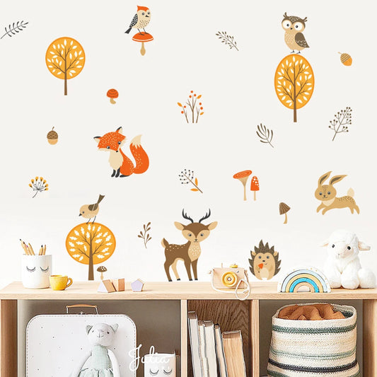 Boho Cartoon Rabbit Fox Forest Nursery Wall Stickers for Kids Room Decor