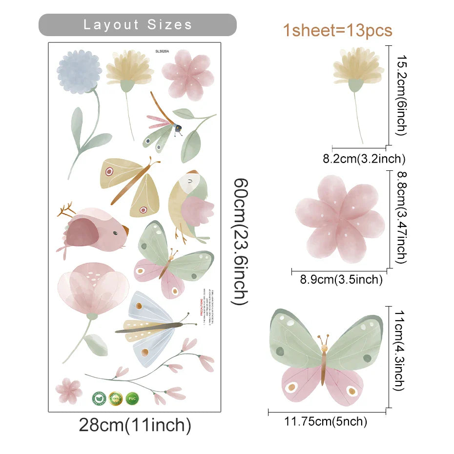 Pink Butterfly Flowers Birds Wall Stickers for Kids Bedroom Nursery Decor