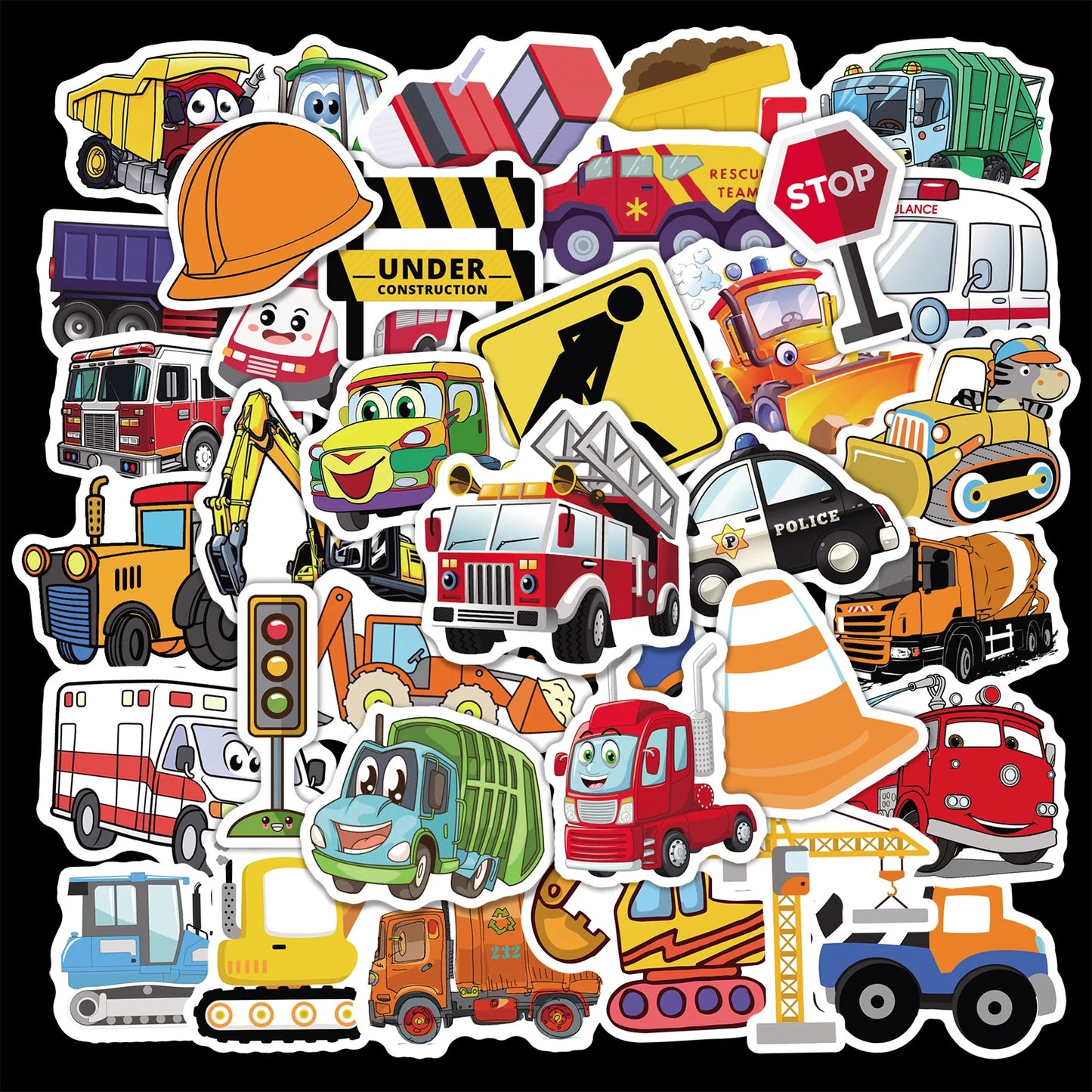 50pcs Cartoon Construction Car Stickers for Helmet, Wall, DIY Decoration