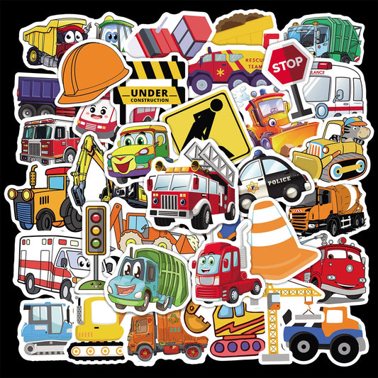 50pcs Cartoon Construction Car Stickers for Helmet, Wall, DIY Decoration