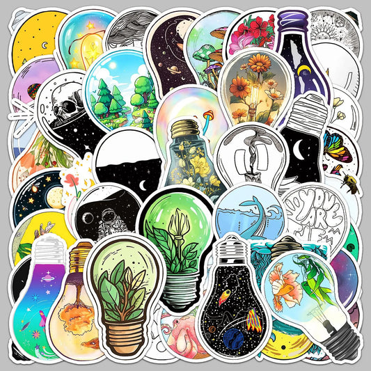 50pcs Cartoon Bulb World Graffiti Stickers for Helmet, Desktop, Wall Decoration, DIY