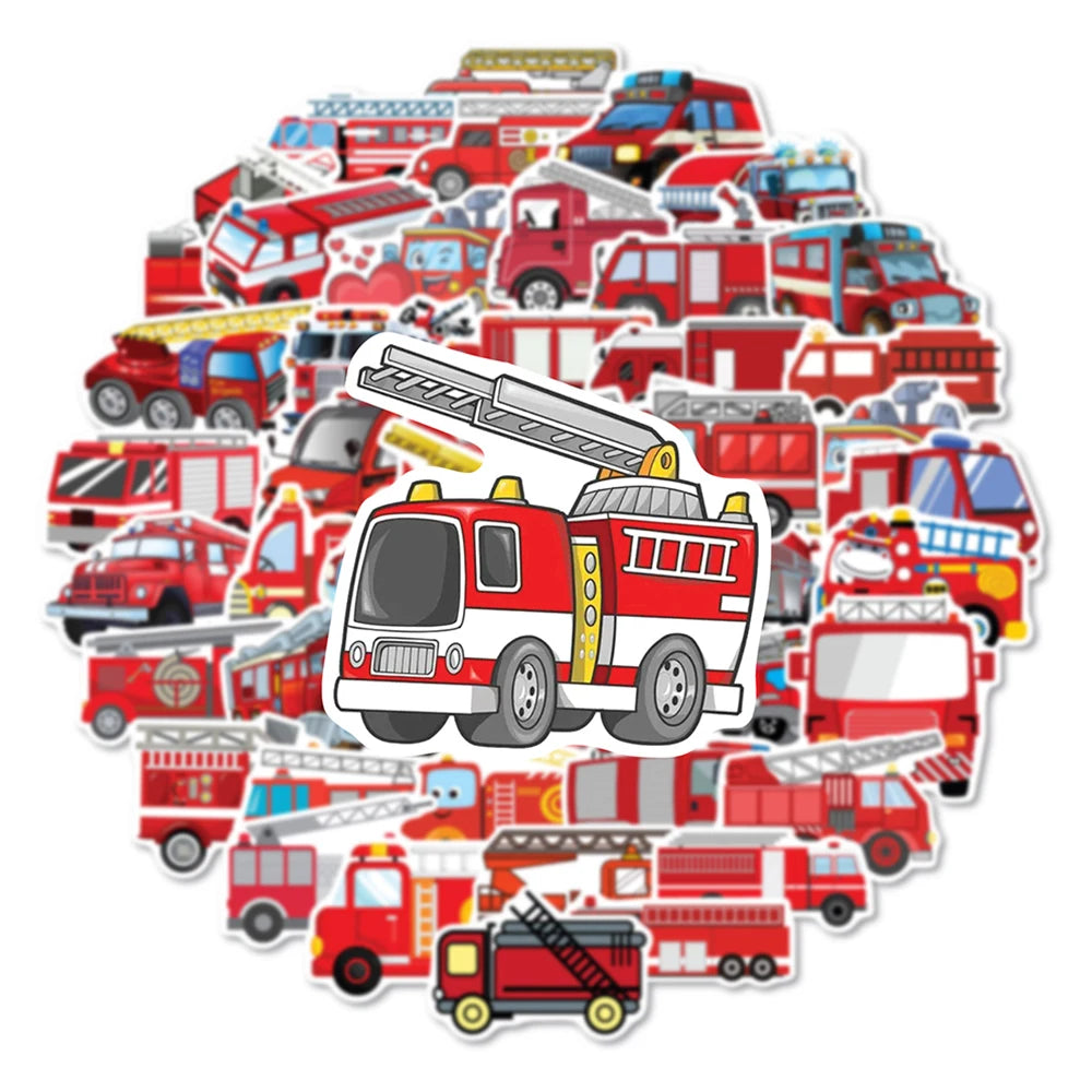 10/30/50/100PCS Cartoon Fire Engine Stickers Kids Decals Toy DIY Notebook Suitcase Phone Fridge Bike PVC Waterproof Sticker Gift