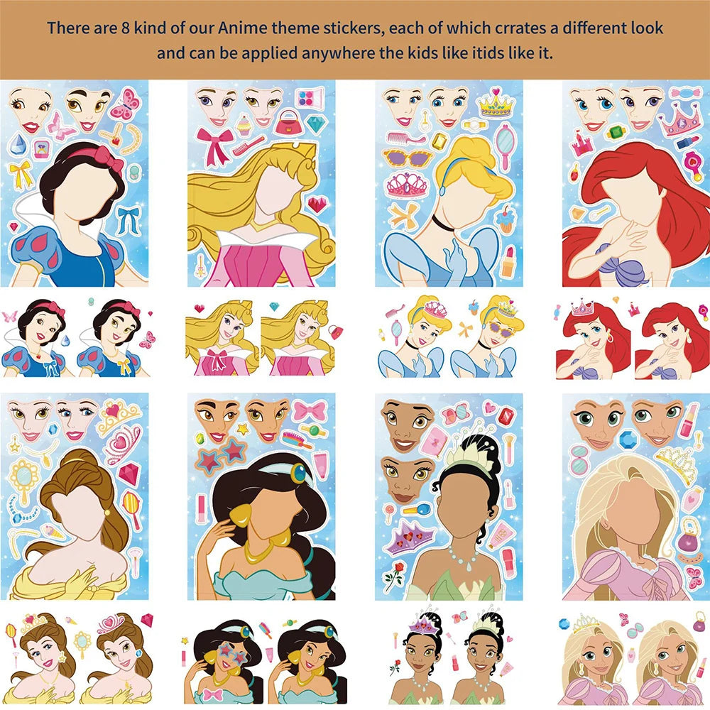 8/16Sheets Disney Princess Children Puzzle Stickers Make-a-Face Funny Cartoon Decal Assemble Jigsaw Children Education Toy Gift