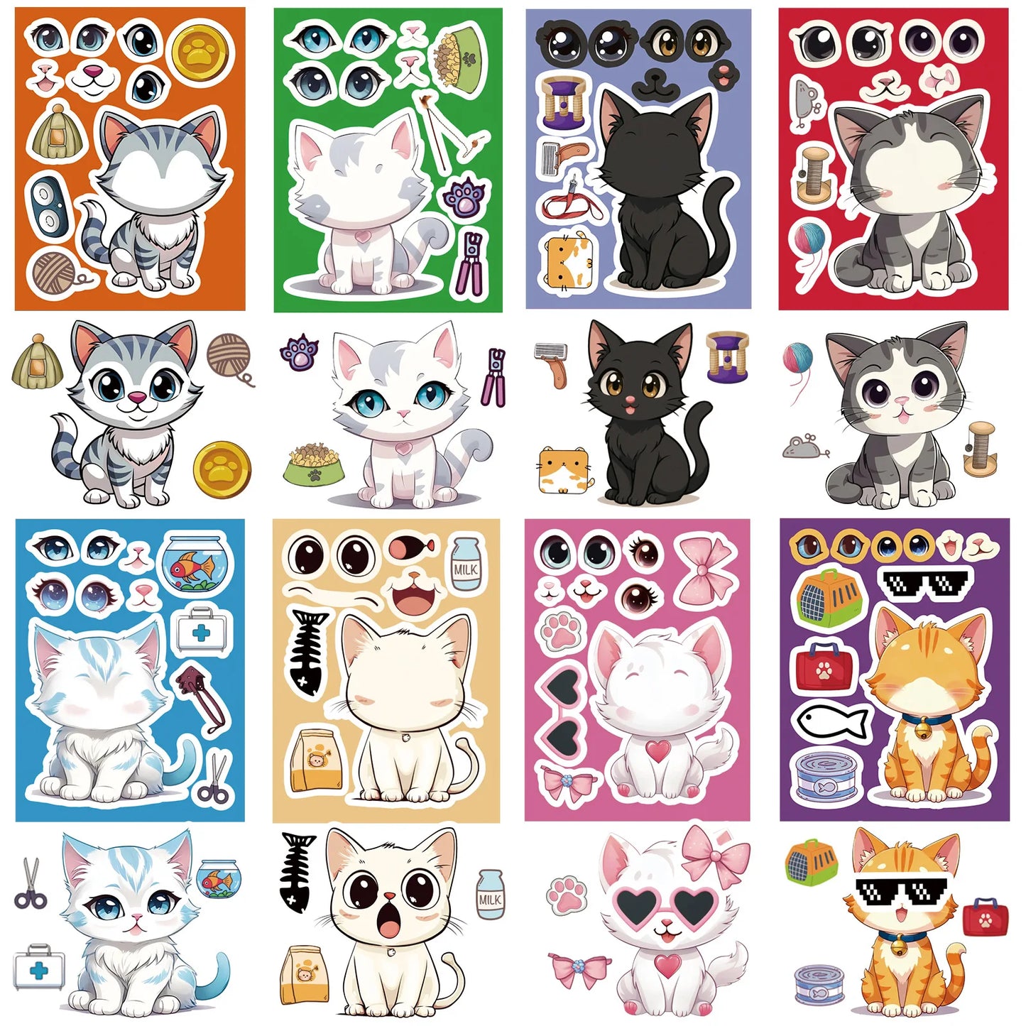 Cat Face Stickers Pack - DIY Puzzle Decals for Kids