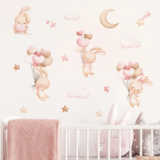 Pink Bunny Moon Clouds Stars Nursery Wall Decals Stickers Kids Room Decor