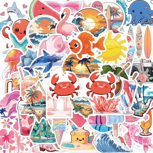 50PCS Pink Cartoon Beach Stickers Waterproof for Bottles, Luggage, Laptop, Guitar, DIY, Kids Toys