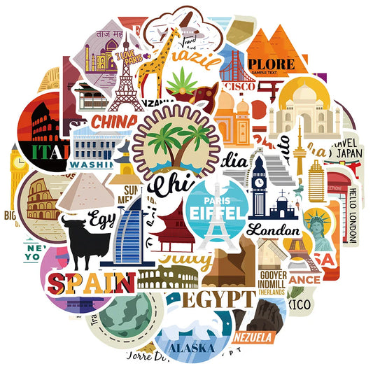 World City Landmark Stickers for Suitcase, Skateboard, Laptop, Luggage, Phone - 10/30/50Pcs Decal Set