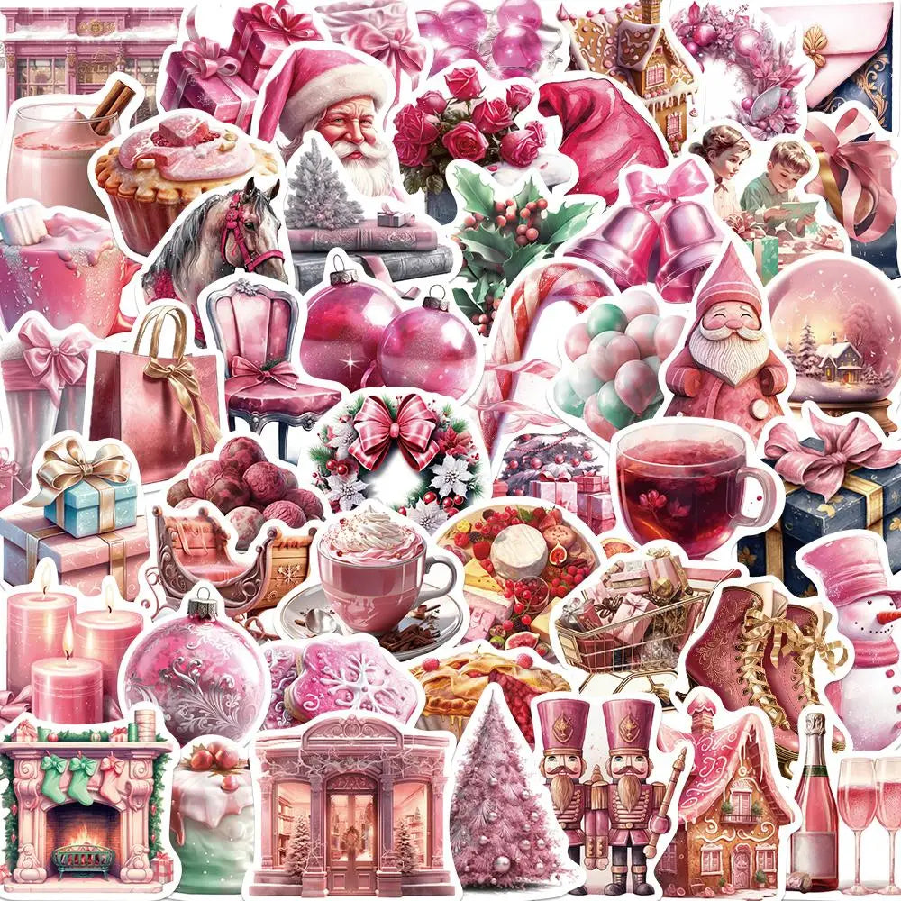 10/25/50PCS Pink Christmas Graffiti Sticker Waterproof PVC Cartoon Art Decoration Luggage Phone Cup Laptop Computer Gift Decal