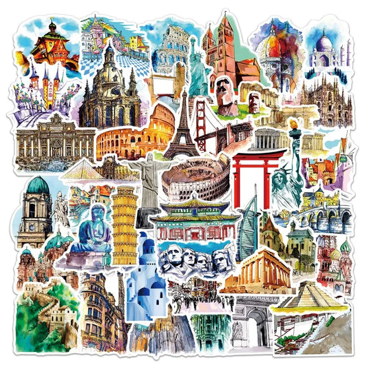 50pcs Famous Building Stickers for Laptop, Phone, Suitcase, Water Bottle, Scooter, Fridge