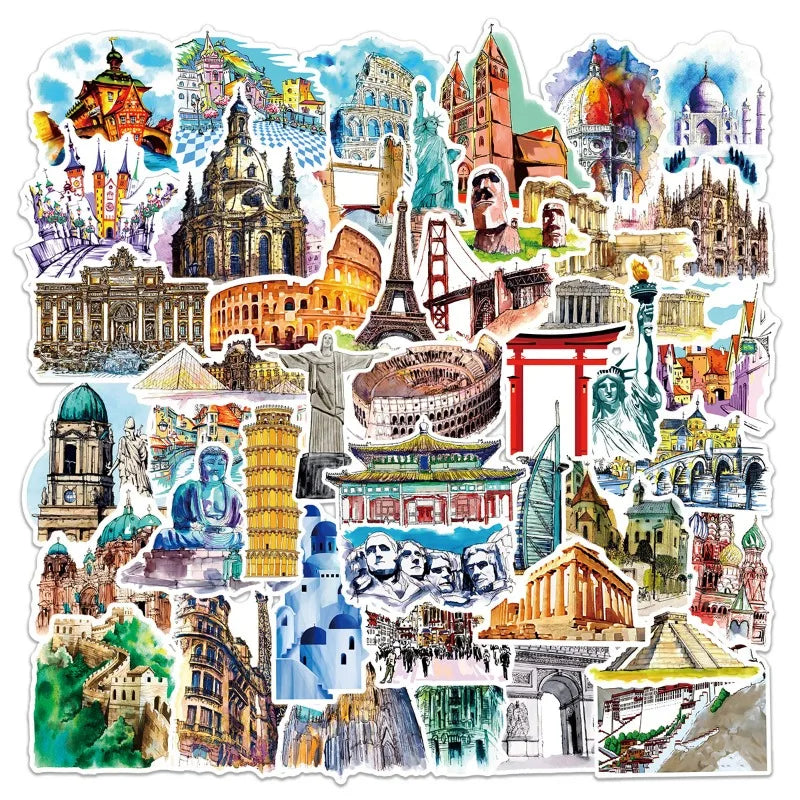 50pcs Famous Building Stickers for Laptop, Phone, Suitcase, Water Bottle, Scooter, Fridge