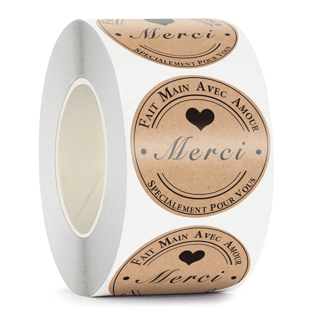 50-500pc Round French Merci Kraft Sticker Thank You Stickers Gift Labels Scrapbooking Baking Package Adhesive Sticker Seal Label