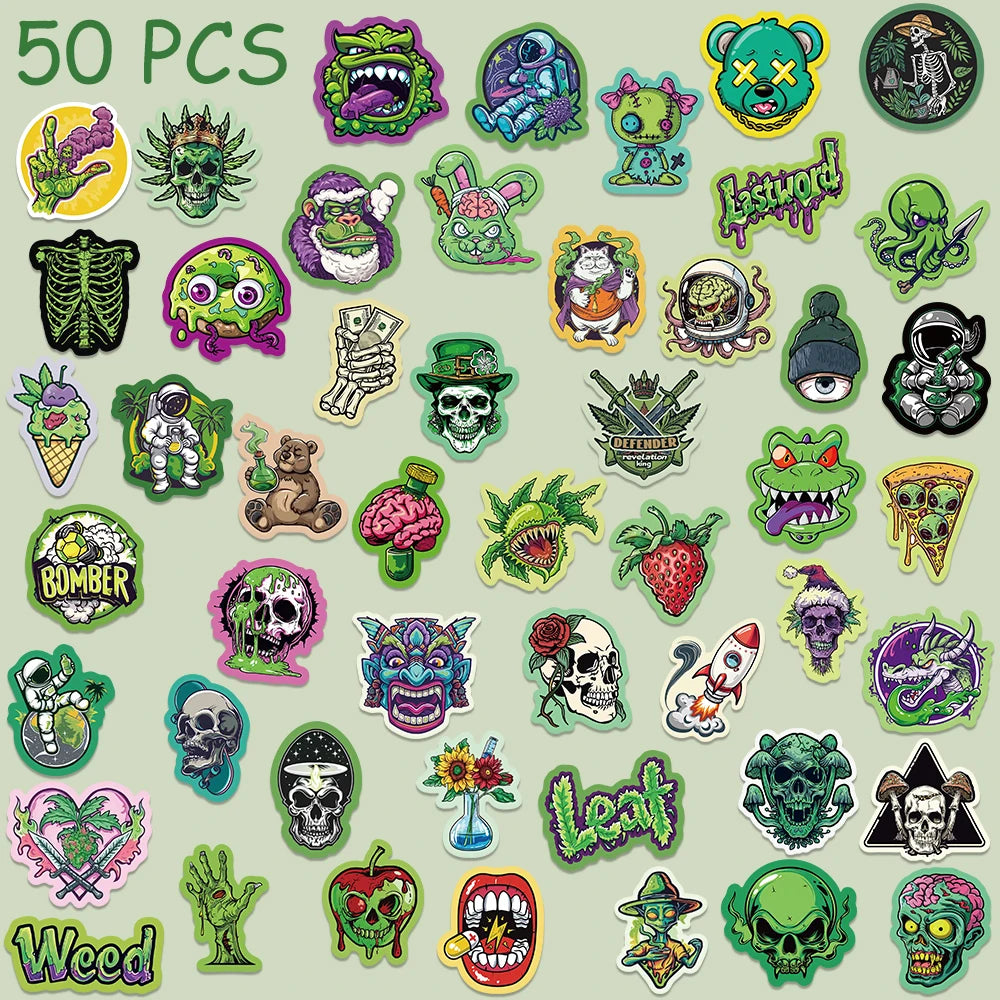 50pcs Green Graffiti Style Stickers Cartoon Aesthetic Decals For Laptop Notebook Skateboard Suitcase Guitar Waterproof Stickers