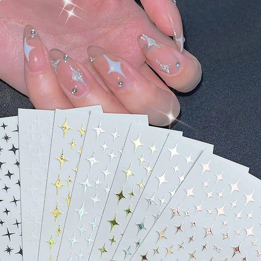Laser Star Nail Stickers: Gold, Silver, Black, White Decals