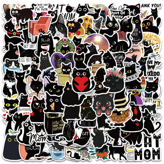 100pcs Black Cat Stickers Waterproof for Scrapbook, Phone, Guitar, Laptop, Luggage