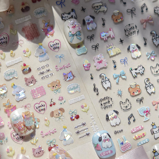 Animal Party Nail Art Stickers: Cats, Dogs, Bears, Flowers