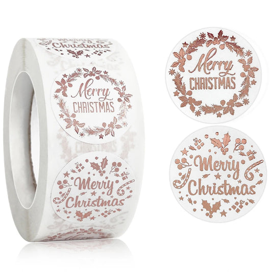 1" Merry Christmas Rose Gold Waterproof Stickers - 100-500 Pcs Holiday Gift Seals