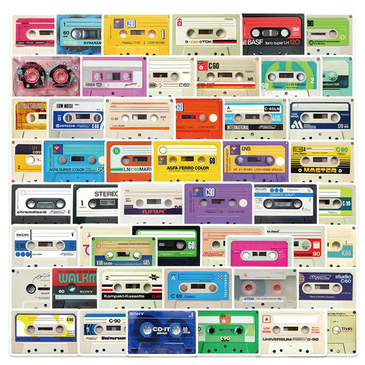 50Pcs Cartoon Mini Recorder Tape Stickers for Helmet, Wall, DIY Decor