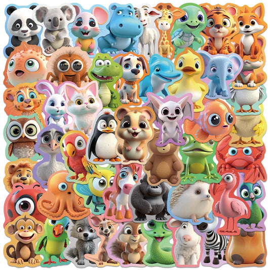 50pcs Cute Cartoon Animals Kids Stickers Students Reward Decals DIY Waterproof Graffiti Laptop Water Bottle Luggage Stickers