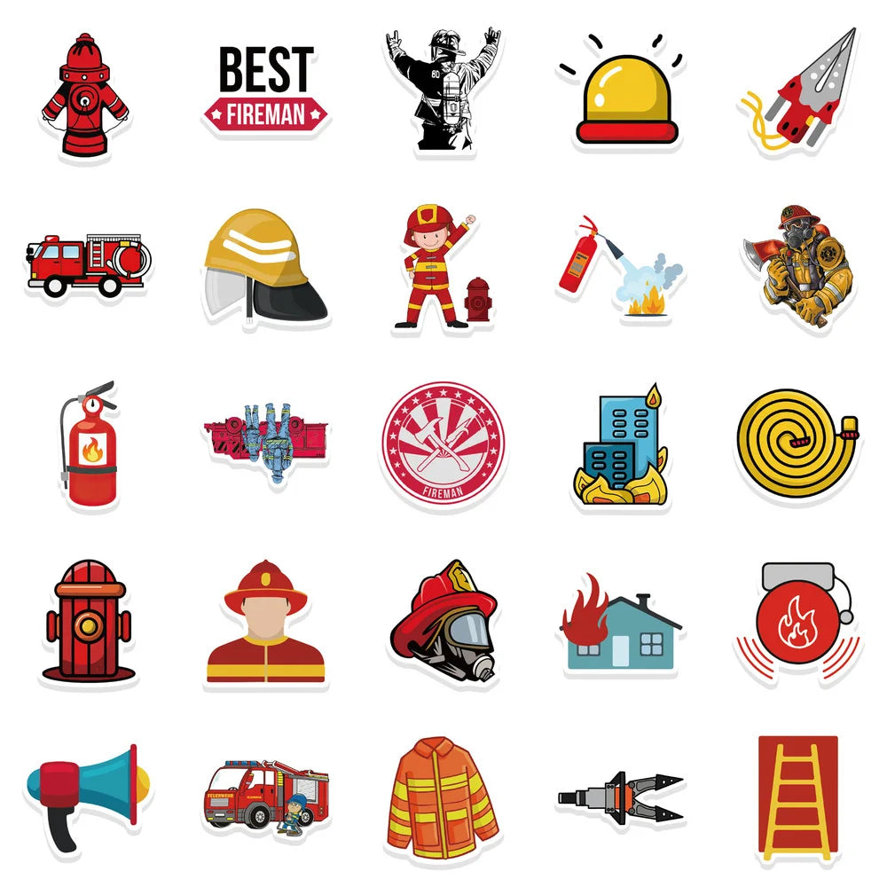 10/52Pcs Cartoon Red Firefighter Waterproof Cool Stickers for Scrapbook Skateboard Snowboard Laptop Luggage Bicycle Kids Toys