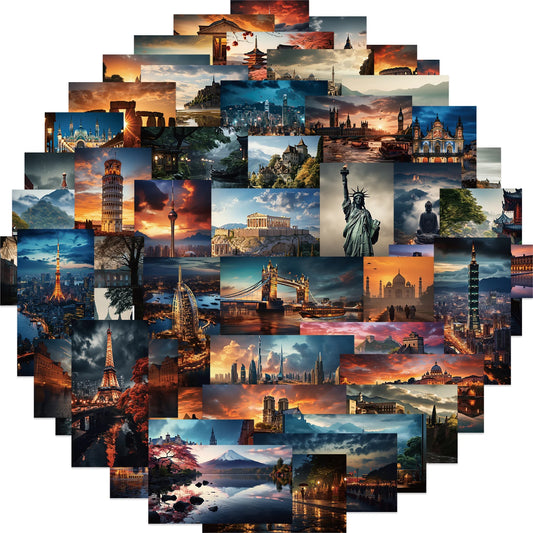 50pcs World City Landmark Stickers Vintage Travel Decals