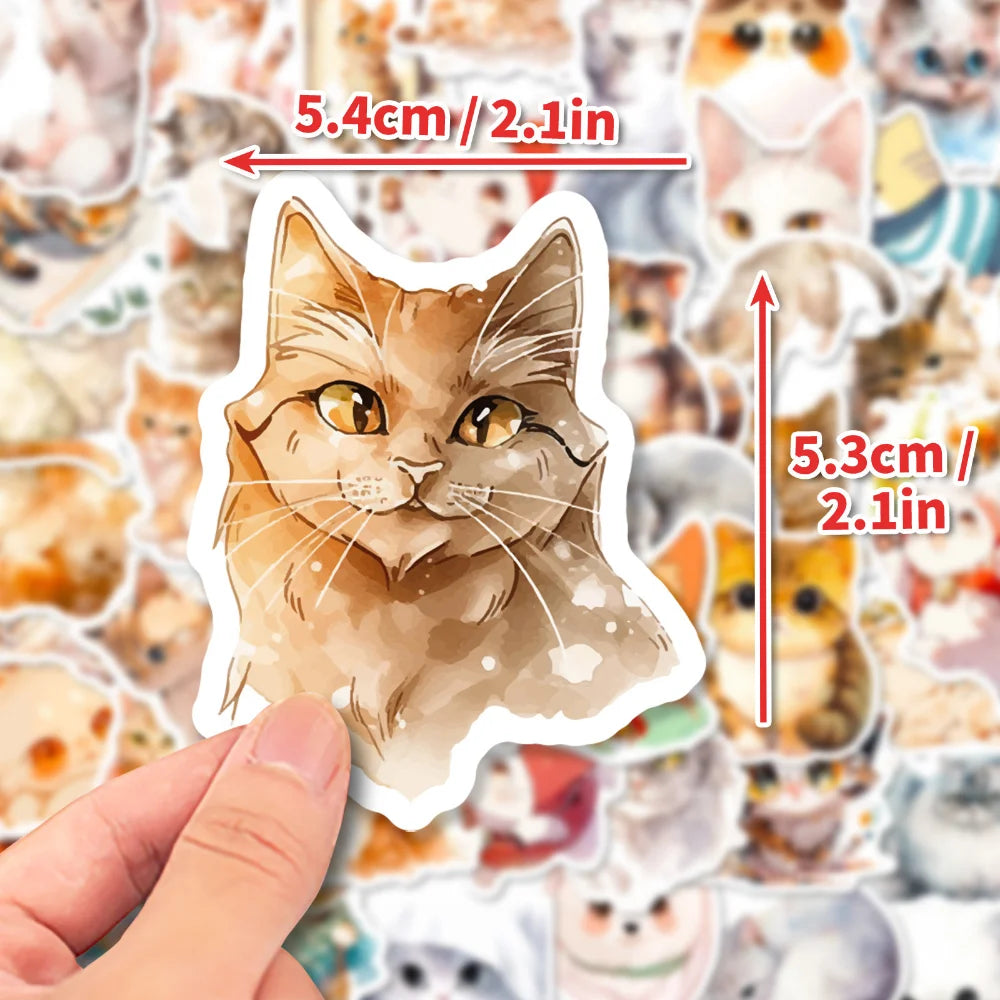 50Pcs Kawaii Painting Watercolor Cat Stickers Pack for Kids Cartoon Cute Graffiti Decals Scrapbooking Luggage Laptop Sticker