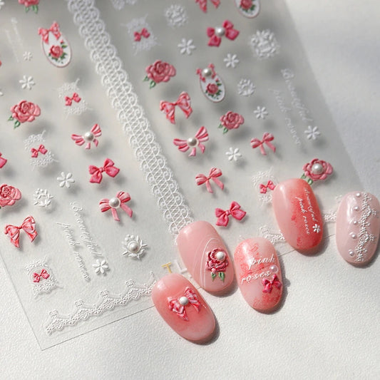 Pink Rose Bow Lace Pearl Nail Art Stickers Decals