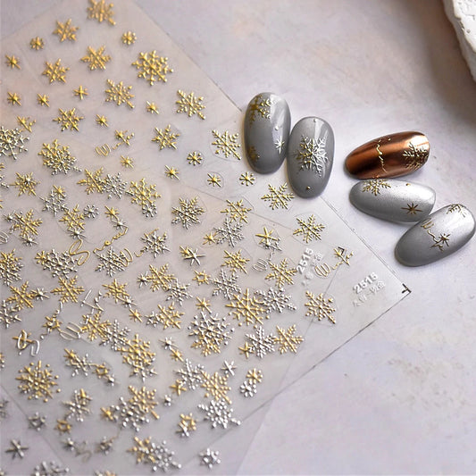 3D Snowflake Nail Stickers: White Gold Rhinestone Decals