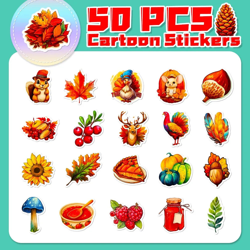 10/50Pcs Thanksgiving Day Stickers Harvest Festival Cartoon Cute Pumpkin Nut Squirrel Children Toy Decals Laptop Guitar Suitcase