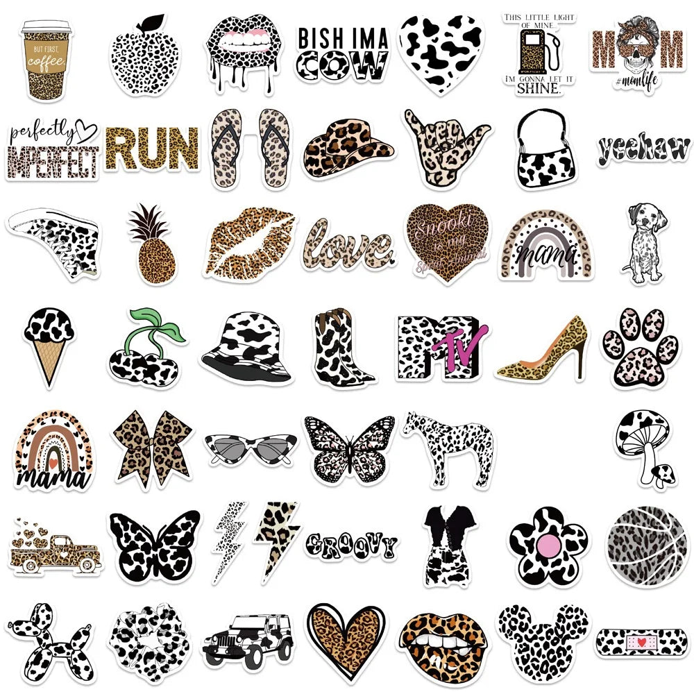 50Pcs Fashion Sexy Leopard Print Animal Sticker Irregular Phone Computer Luggage Motorcycle Helmet Decorative Sticker Decal