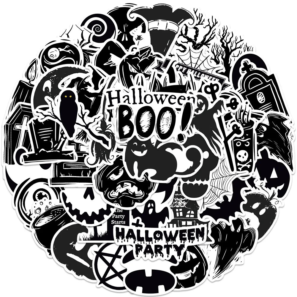 10/30/50PCS Horror Halloween Black Stickers Cute Ghost Decals DIY Wall Motorcycle Fridge Skateboard Phone Cartoon Sticker Toys