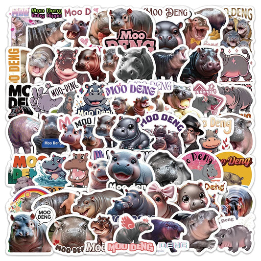 Moo Deng Hippo Cartoon Stickers for Phone Laptop Luggage Skateboard - 10/30/60PCS