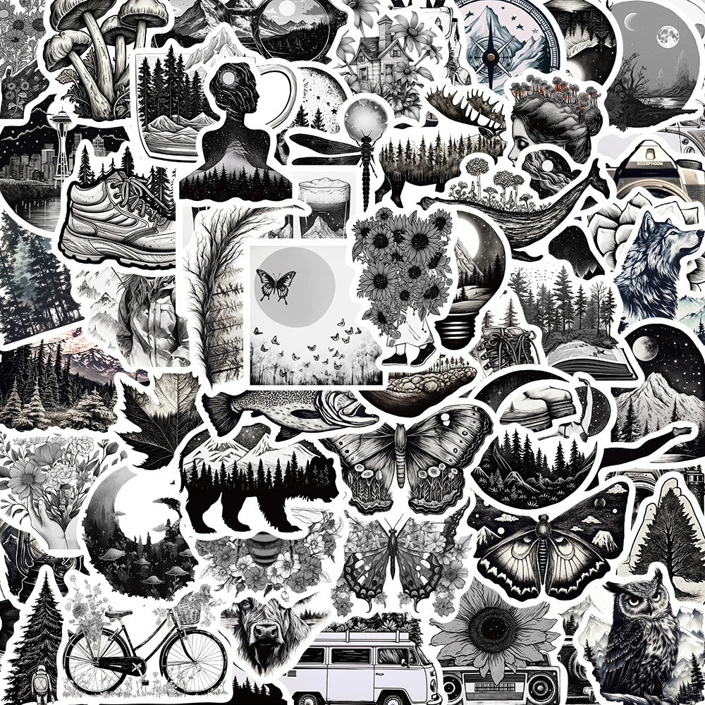 INS Style Black White Cartoon Stickers Decals for Laptop, Skateboard, Motorcycle, Phone - Waterproof, 10/30/60pcs
