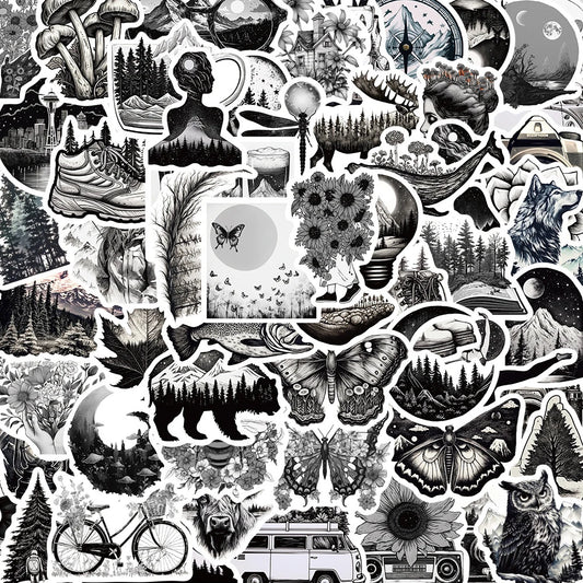 INS Style Black White Cartoon Stickers Decals for Laptop, Skateboard, Motorcycle, Phone - Waterproof, 10/30/60pcs