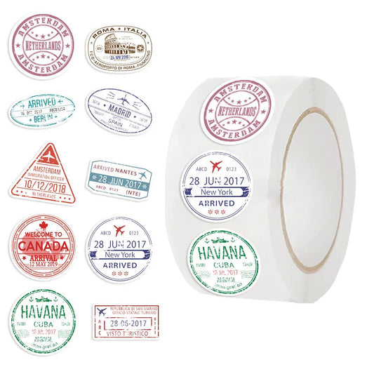 500pcs/Roll Passport Postmark Stamps Cartoon Sealing Sticker DIY Travel Luggage Laptop Suitcase Decoration Stiker Reward Toys