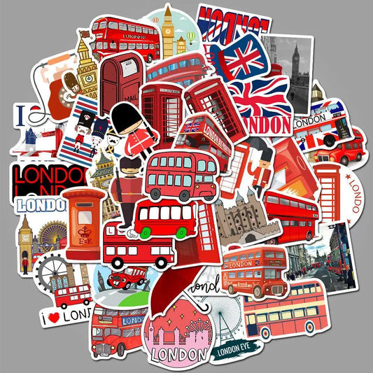 Cartoon London Bus Telephone Booth Stickers for Laptop Luggage Car Fridge Snowboard DIY Vinyl