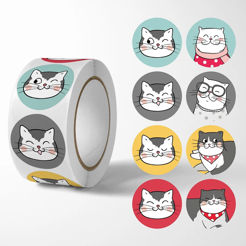 100-500pcs Cartoon Cat Stickers Round Adhesive Labels For Student Teacher Prize Business Gift Wraps Decorative Stickers