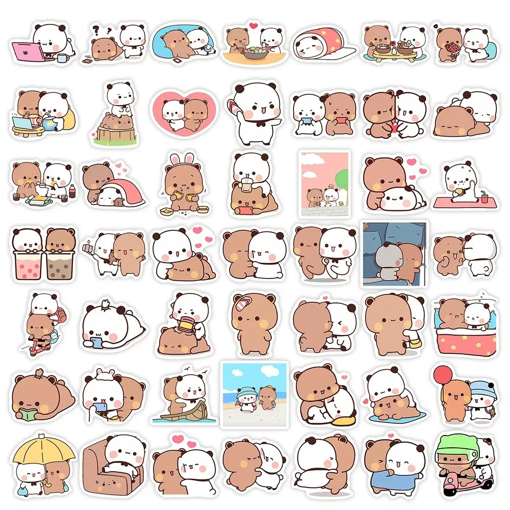 50sheets/set Bear Cute Bear and Panda Stickers PVC Waterproof Cartoon Bear and Panda Stickers Cartoon Panda Bubu Dudu Stickers