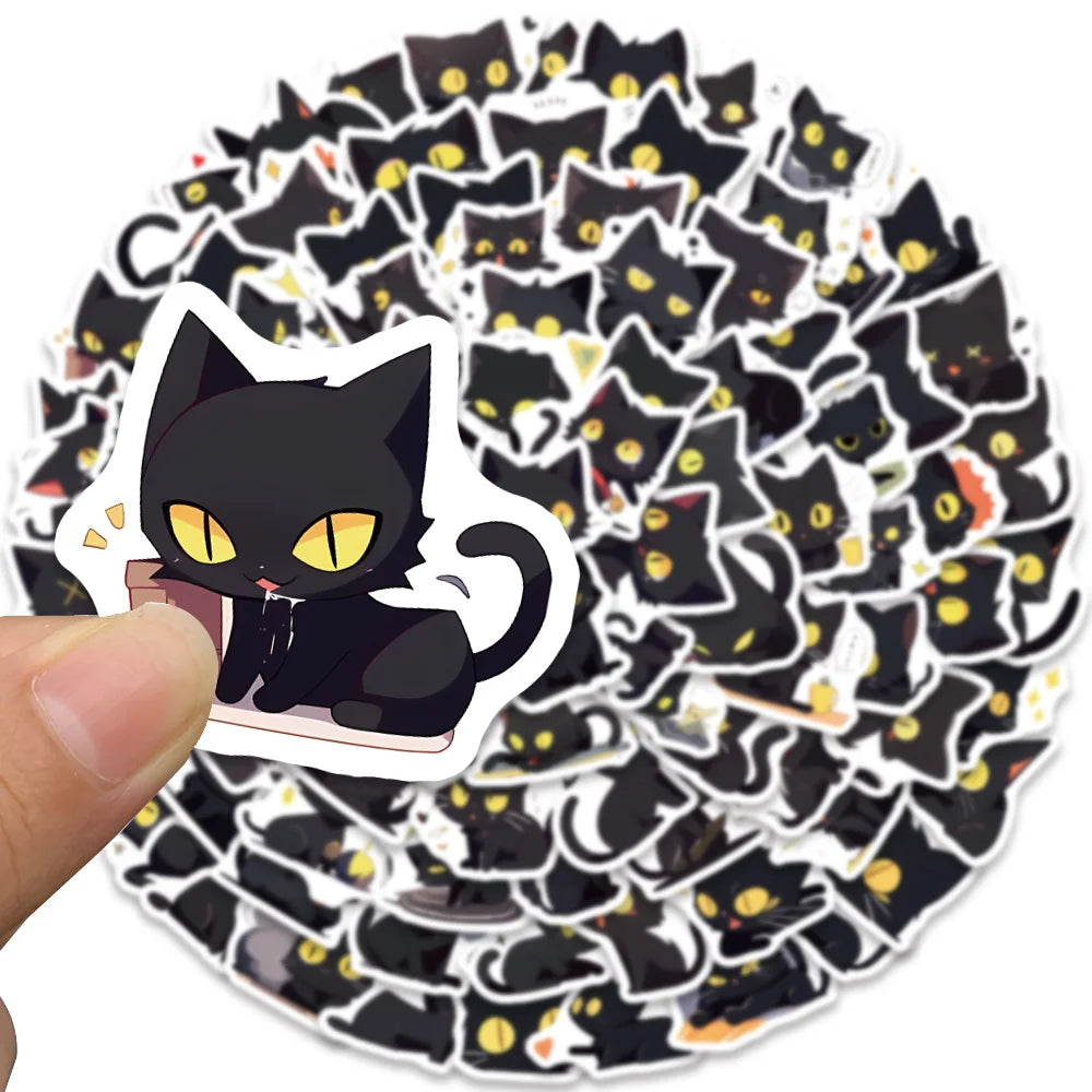 100pcs Cute Cartoon Animals Black Cats Stickers For Laptop Guitar Phone Luggage Decor Waterproof Graffiti Bicycle Car Decals