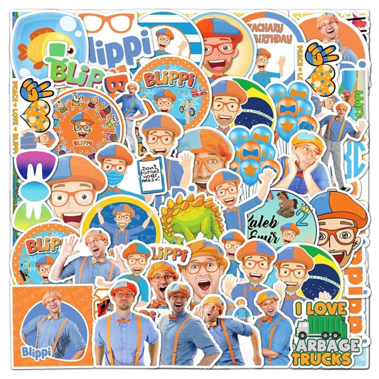 50pcs Blippi Cartoon Stickers for Laptop, Water Bottle, Phone, Scooter, Suitcase, Refrigerator