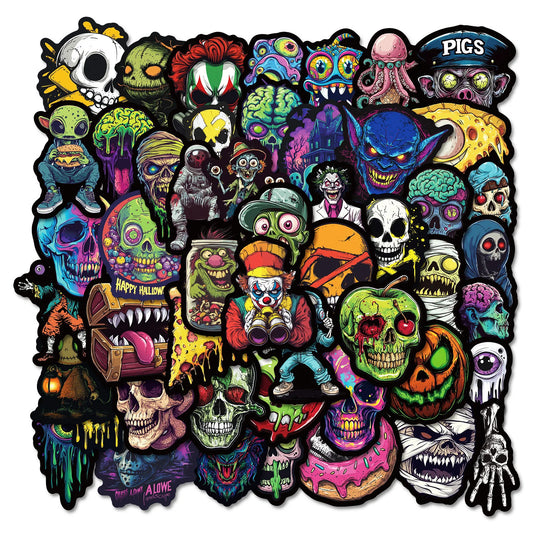 10/50Pcs Cool Halloween Pop Horror Skull Zombie Stickers Skateboard Fridge Guitar Laptop Motorcycle Travel Graffiti Sticker Toy