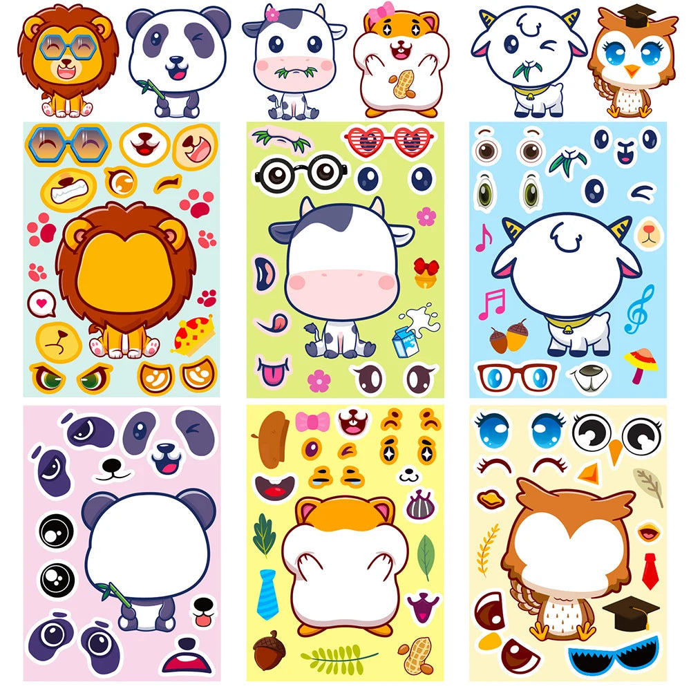 6/12Sheets Animal Make A Face Puzzle Stickers Kids Lion Owl Panda Make Your Own DIY Game Children Cartoon Jigsaw Education Toys