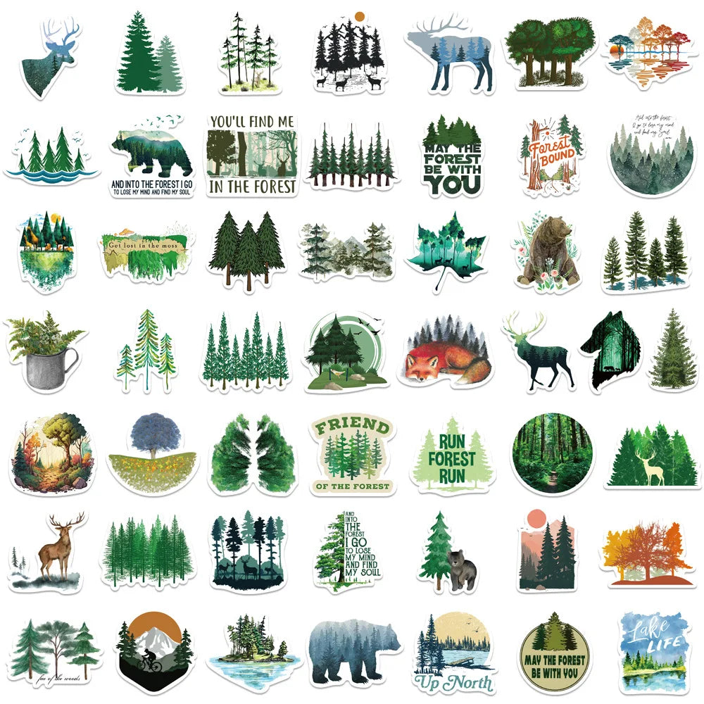 50Pcs Natural Green Forest Animal Stickers Graffiti Skateboard Suitcase Fridge Motorcycle Bike Cartoon Decals DIY Kids Toy