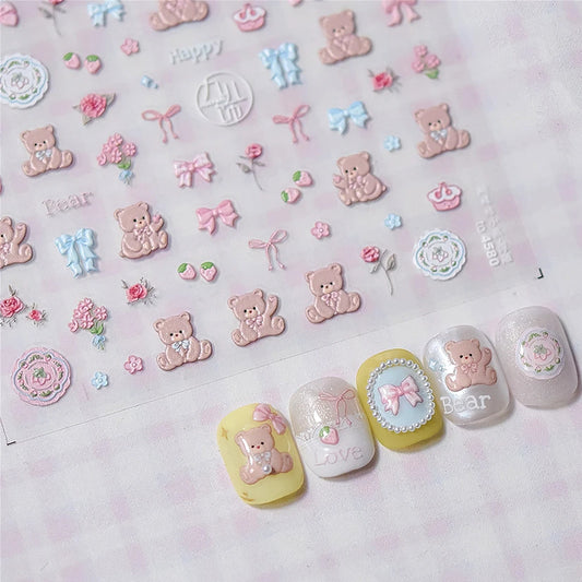 Cherry's Cake Bear Nail Art Stickers: Pink Blue Bowknot Design