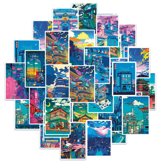 Cute Art Night View Cartoon Stickers - 10/30/50pcs Aesthetic Decals for Scrapbook, Phone, Laptop, Luggage, Wall, Kids