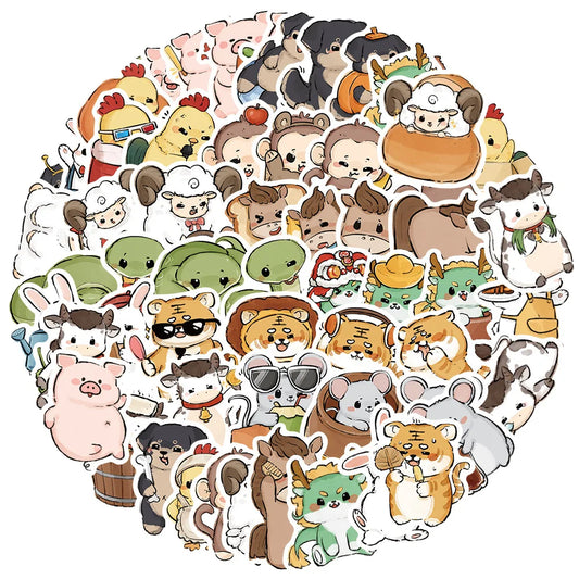 Chinese Zodiac Cartoon Stickers for Suitcase, Skateboard, Laptop, Phone, Car - 10/30/60pcs