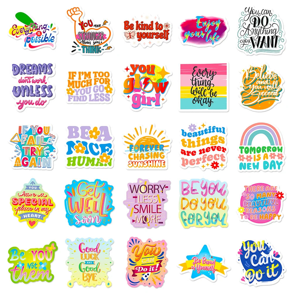 10/30/50/100pcs Cute Cartoon Motivational Phrase Stickers Inspirational Quote Decals Laptop Suitcase Phone Decoration Sticker