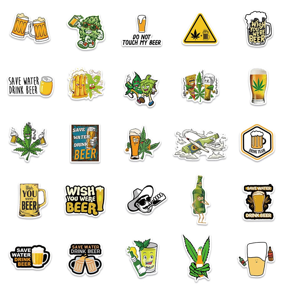 50pcs Funny Cartoon Beer Stickers For Luggage Guitar Phone Skateboard Vinyl Waterproof Graffiti Car Laptop Decals