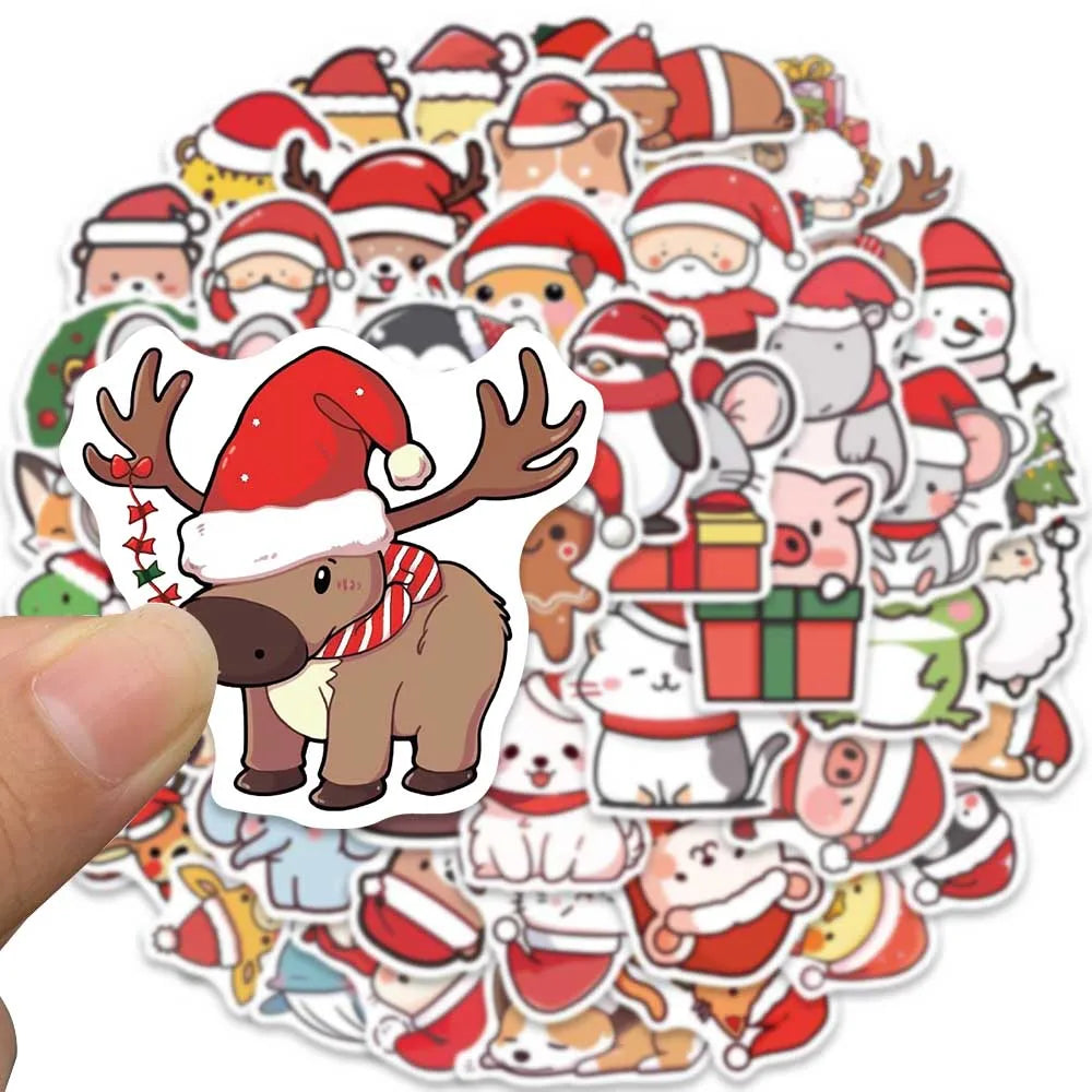 50pcs Cute Cartoon Merry Christmas Animals Stickers For Laptop Water Bottle Luggage Guitar Waterproof Graffiti Vinyl Decals