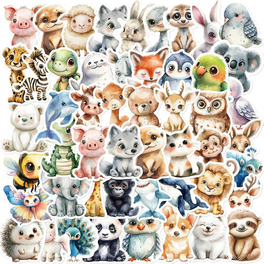 Cartoon Animal Watercolor Stickers for Laptop, Luggage, Water Bottle - 10/30/50pcs